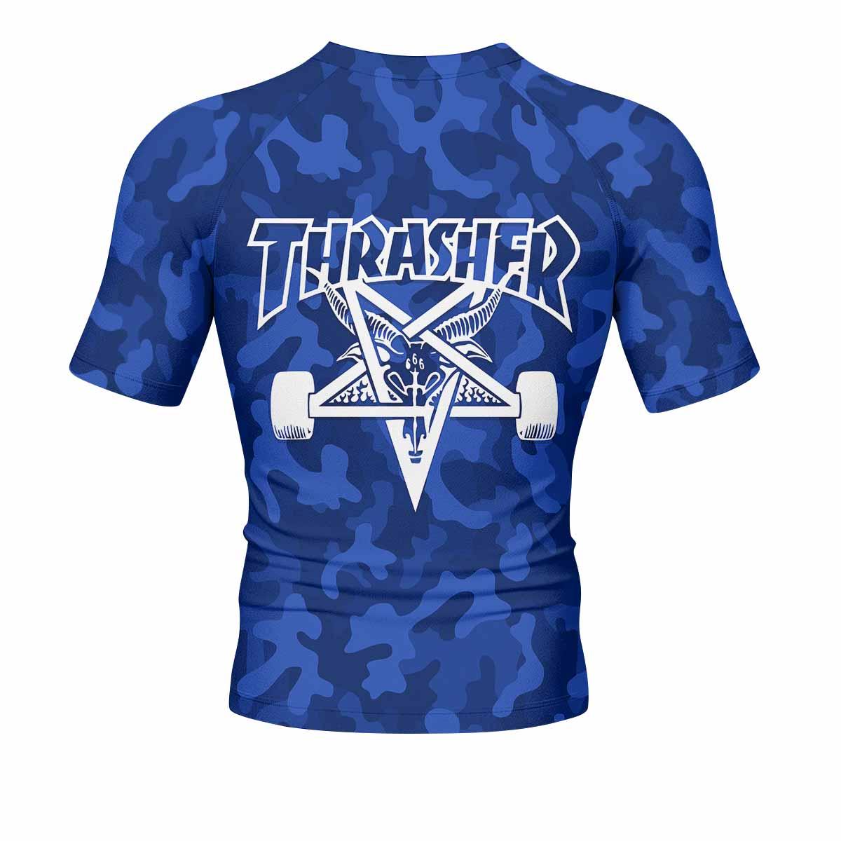 Thrasher Blue Camo Men's Rash Guard Short Sleeve - back view mockup