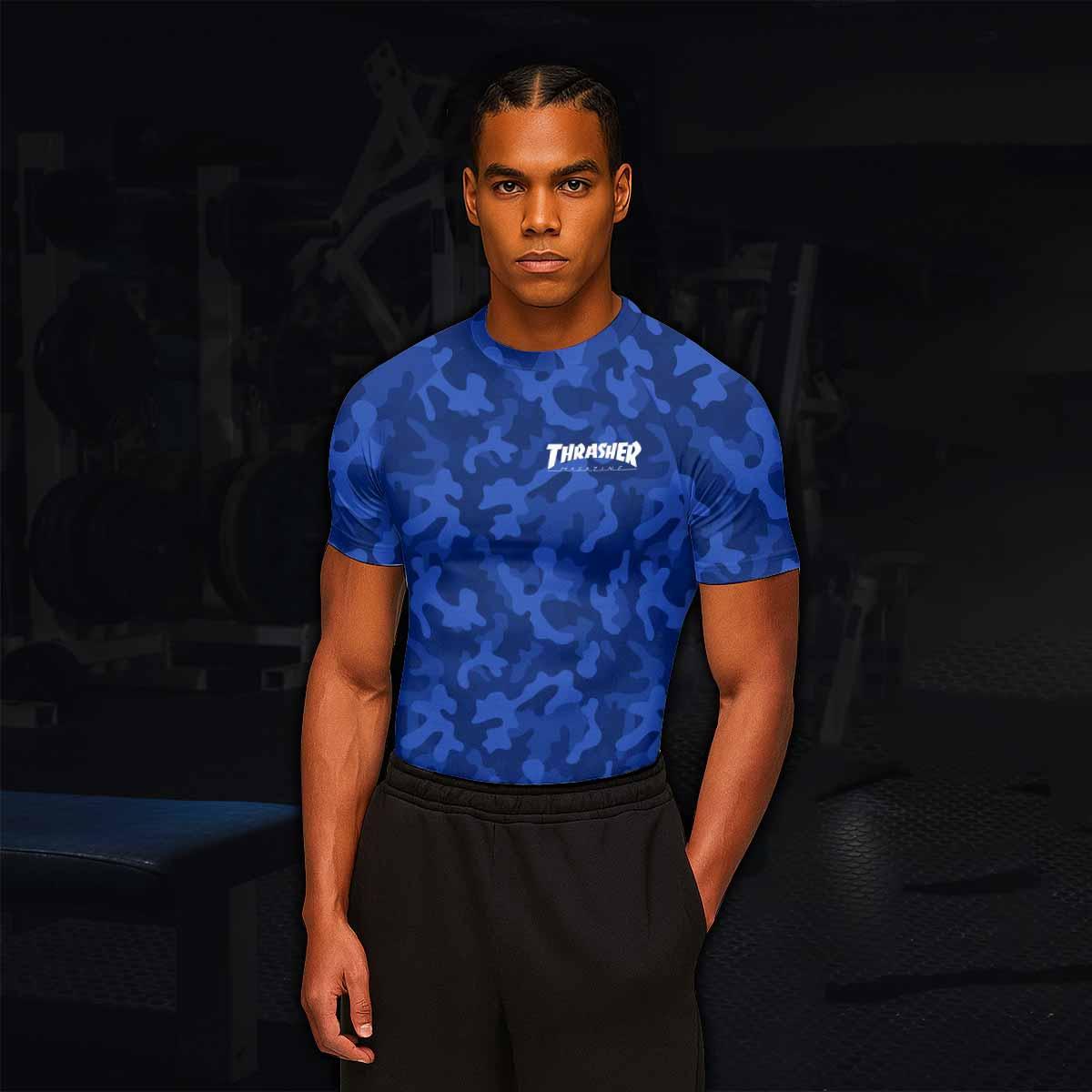 Thrasher Blue Camo Men's Rash Guard Short Sleeve - lifestyle view
