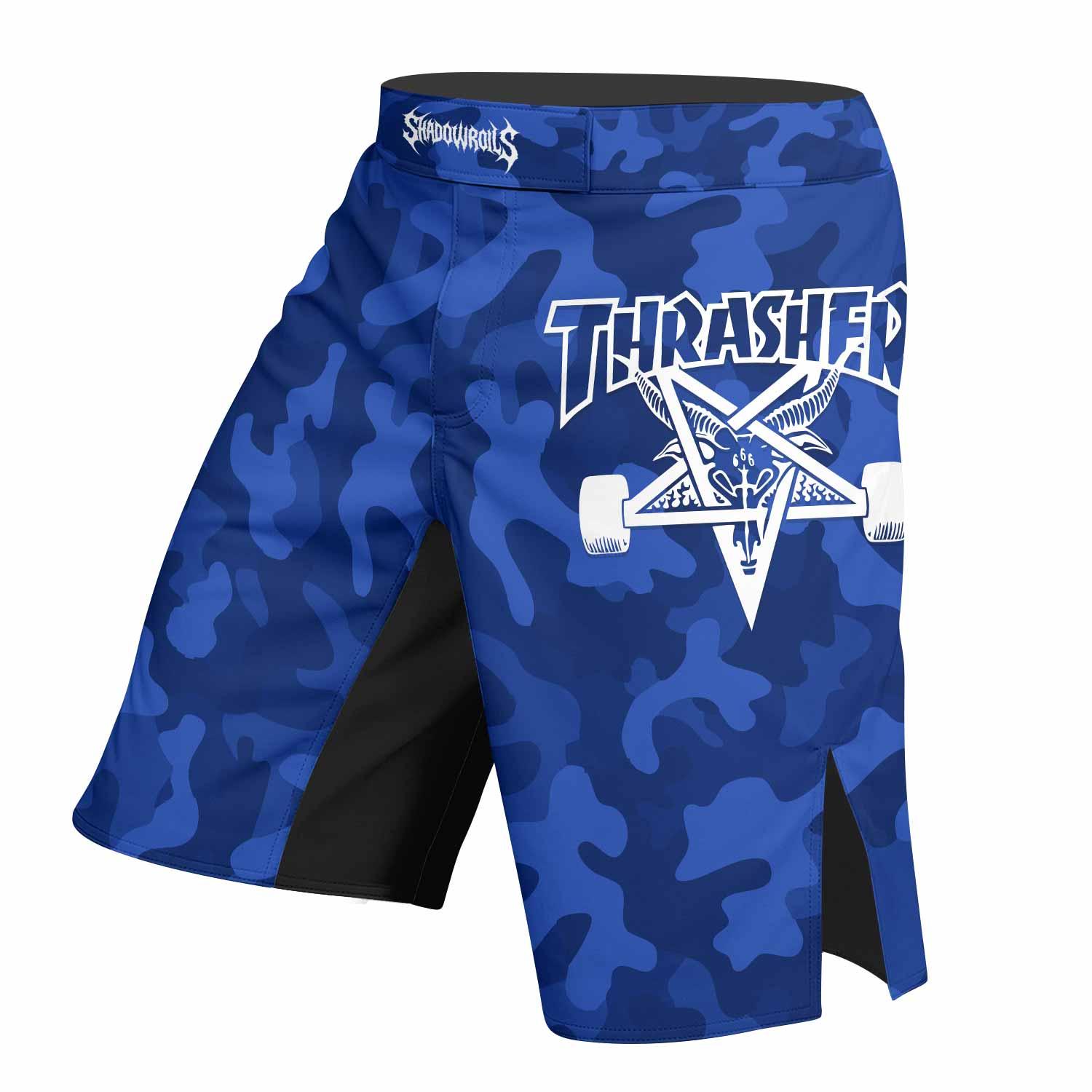Thrasher Blue Camo Fight Shorts - left side mockup