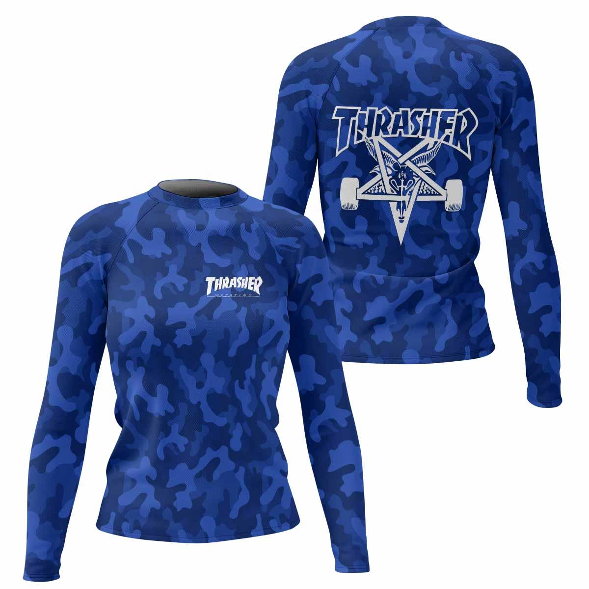 Thrasher Blue Camo Women's Rash Guard Long Sleeve - front and back view