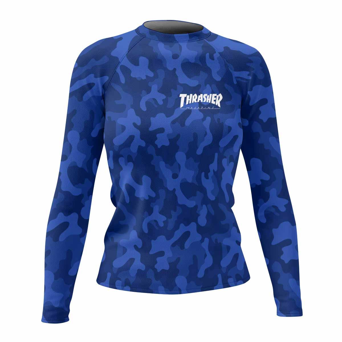 Thrasher Blue Camo Women's Rash Guard Long Sleeve - front view mockup