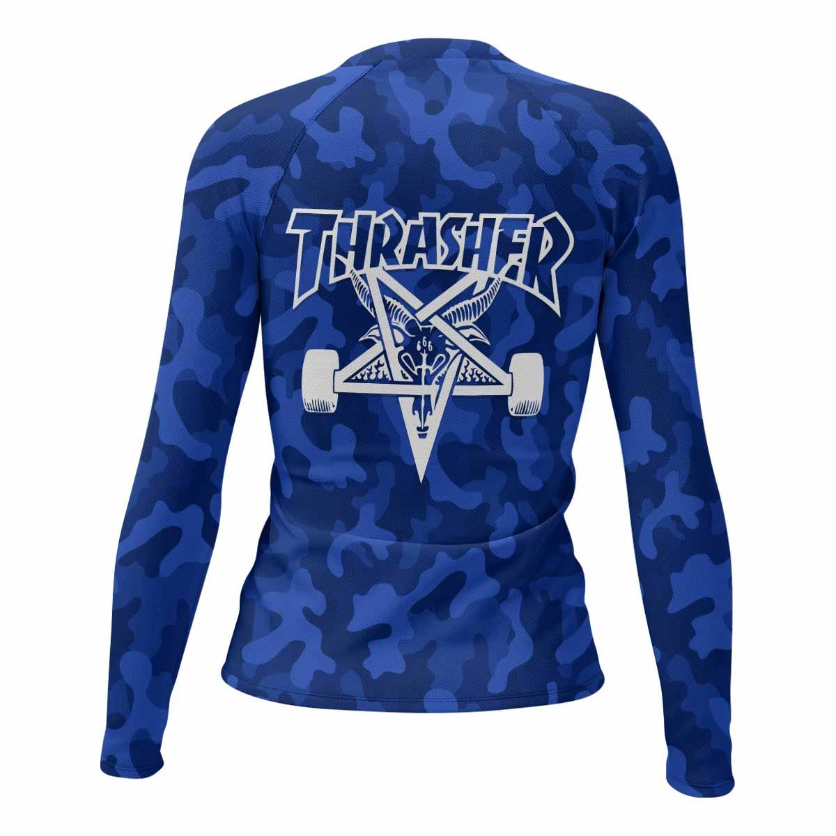 Thrasher Blue Camo Women's Rash Guard Long Sleeve - back view mockup