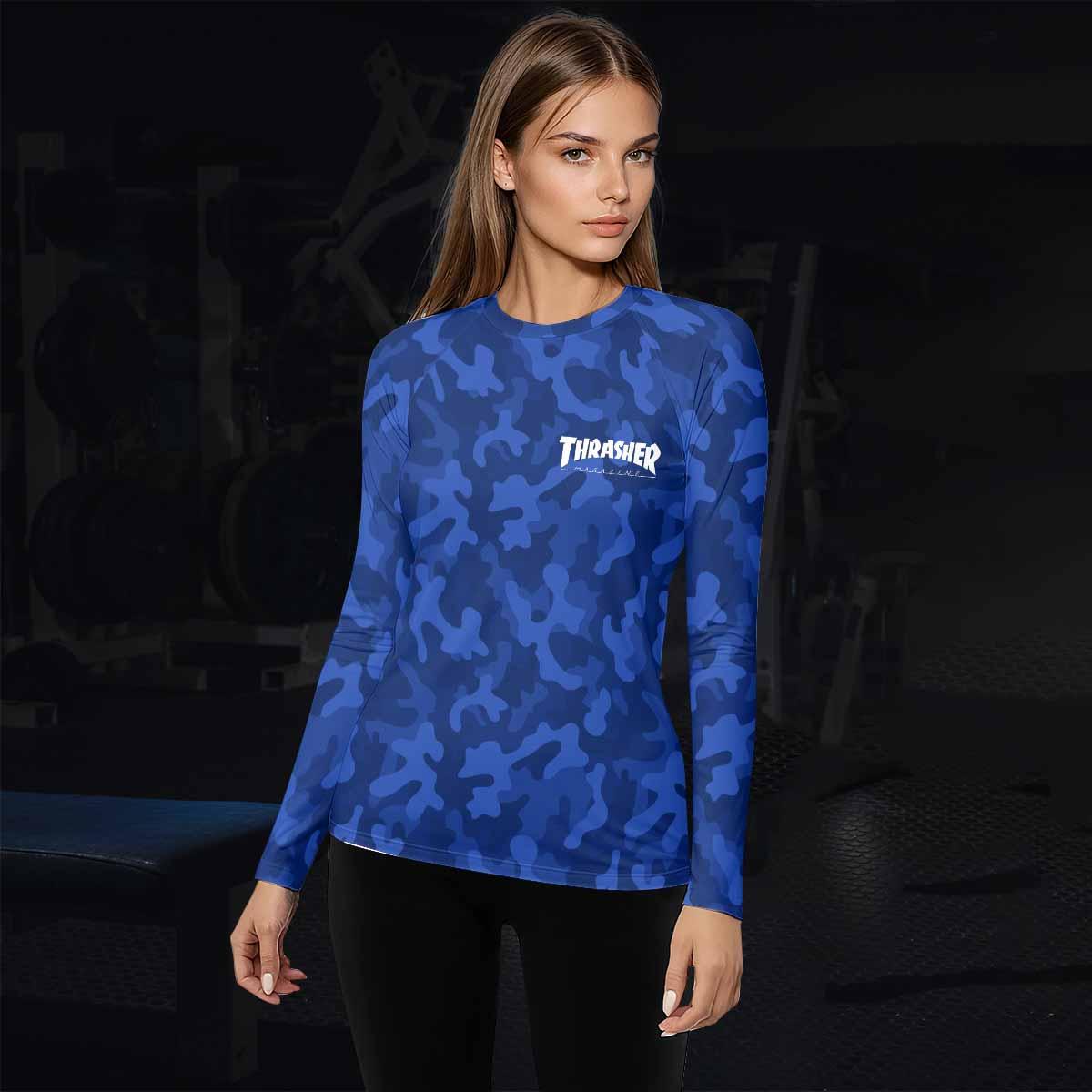 Thrasher Blue Camo Women's Rash Guard Long Sleeve - lifestyle view