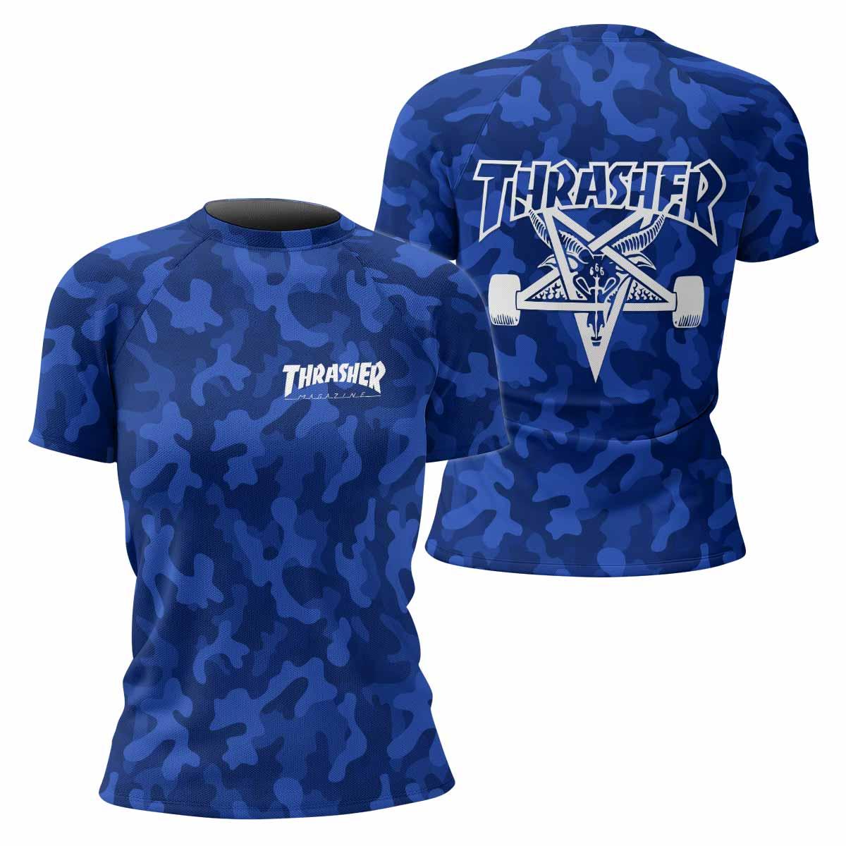 Thrasher Blue Camo Women's Rash Guard Short Sleeve - front and back view