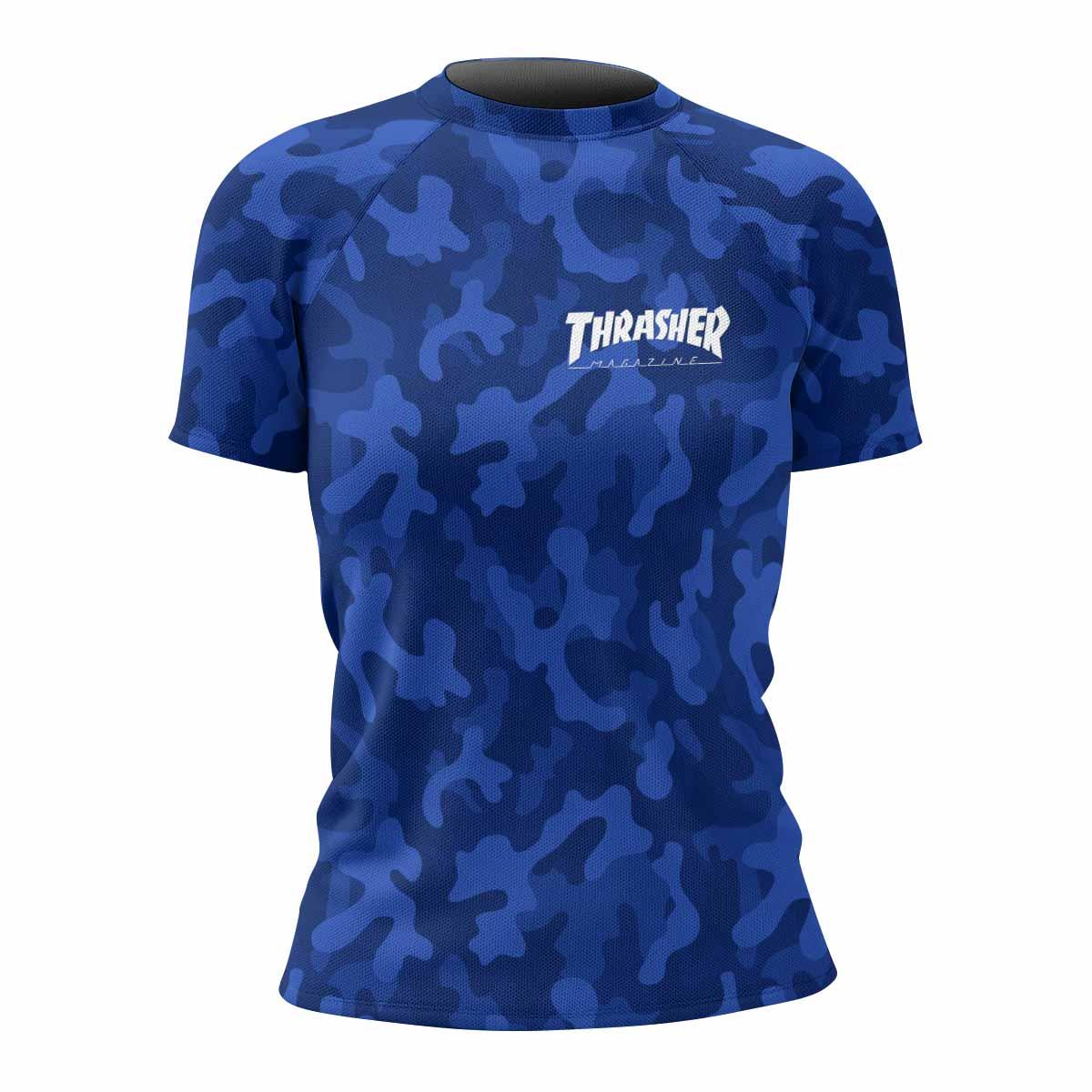 Thrasher Blue Camo Women's Rash Guard Short Sleeve - front view mockup