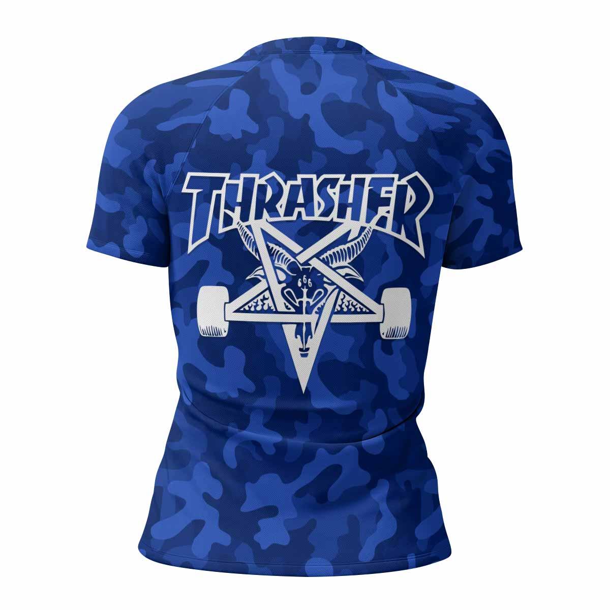 Thrasher Blue Camo Women's Rash Guard Short Sleeve - back view mockup