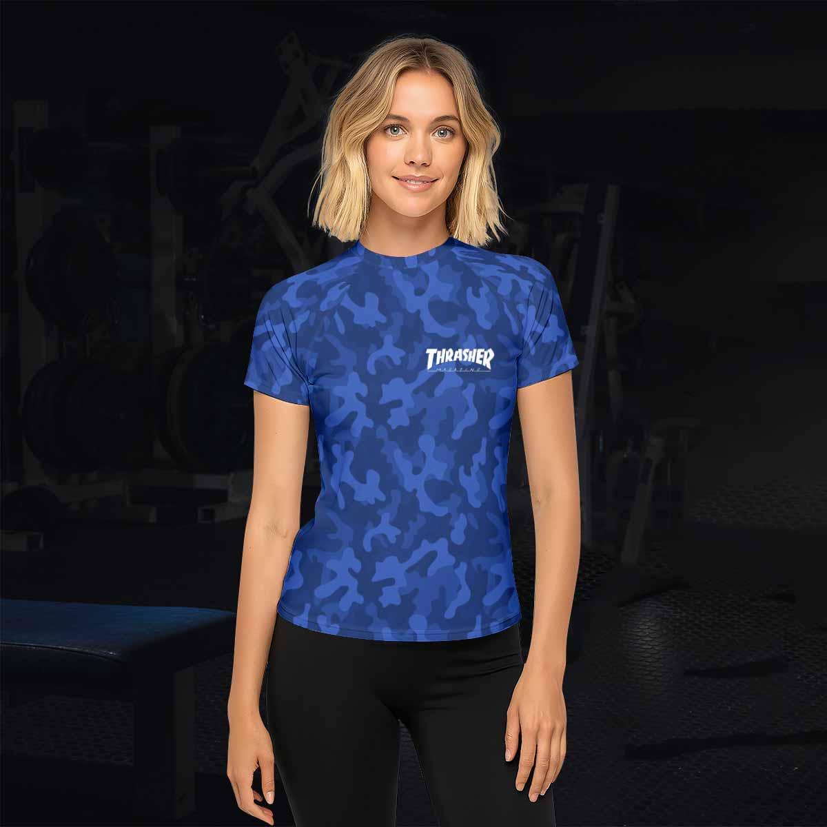Thrasher Blue Camo Women's Rash Guard Short Sleeve - lifestyle view