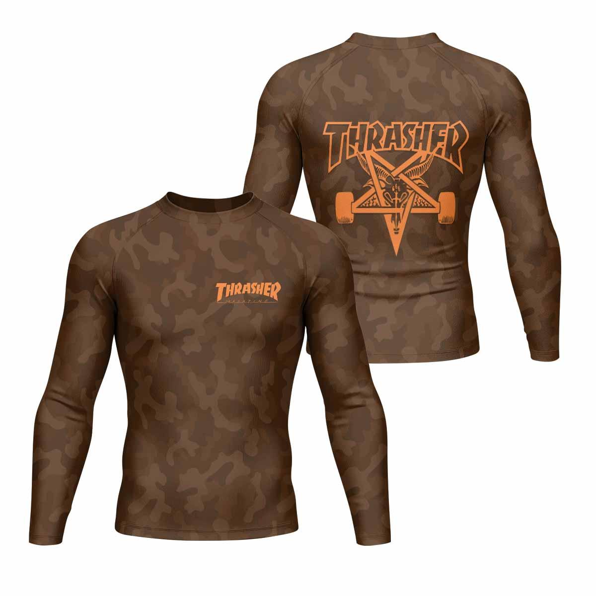Thrasher Brown Camo Men's Rash Guard Long Sleeve - front and back view