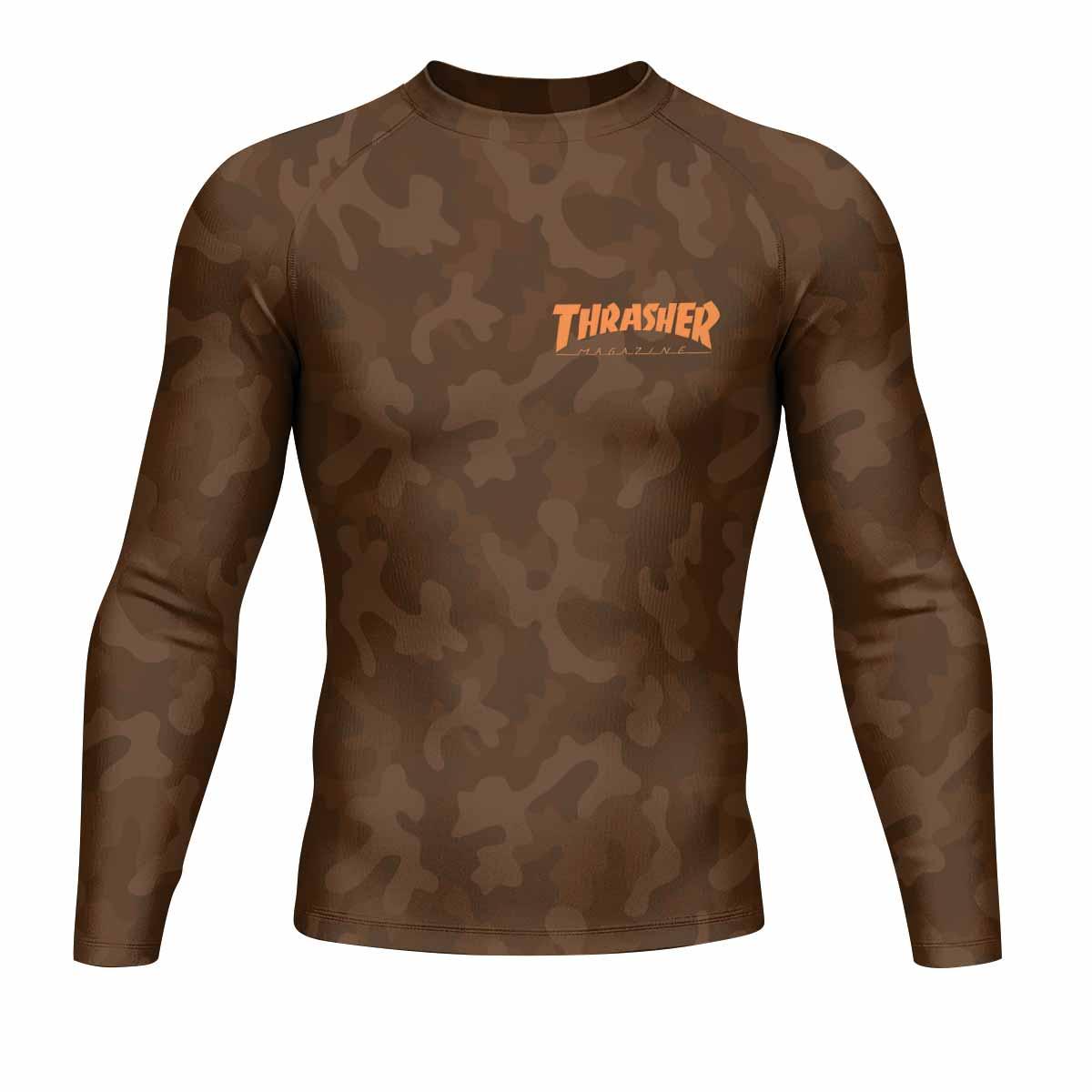 Thrasher Brown Camo Men's Rash Guard Long Sleeve - front view mockup