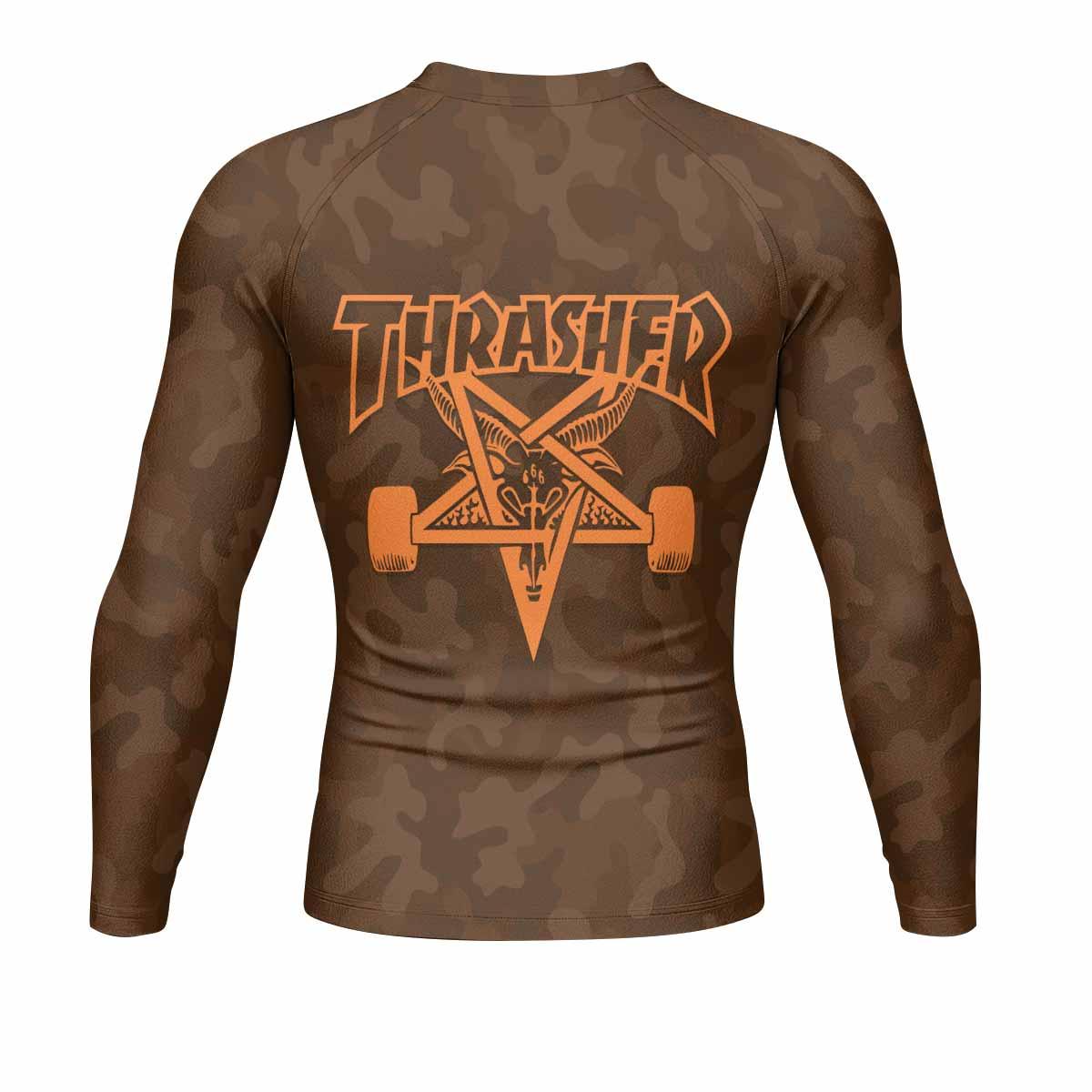Thrasher Brown Camo Men's Rash Guard Long Sleeve - back view mockup