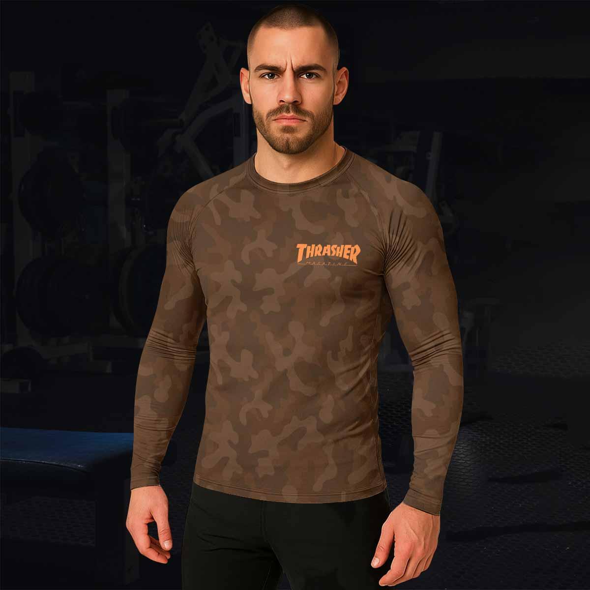Thrasher Brown Camo Men's Rash Guard Long Sleeve - lifestyle view
