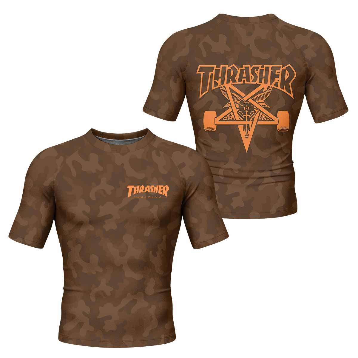 Thrasher Brown Camo Men's Rash Guard Short Sleeve - front and back view