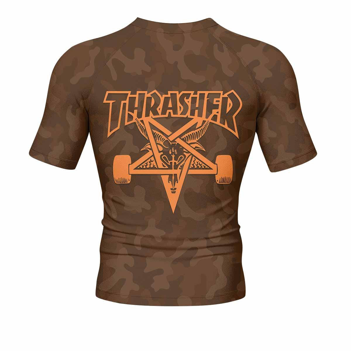 Thrasher Brown Camo Men's Rash Guard Short Sleeve - back view mockup