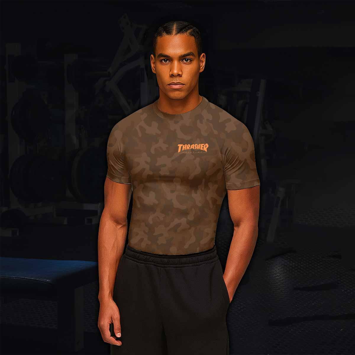 Thrasher Brown Camo Men's Rash Guard Short Sleeve - lifestyle view