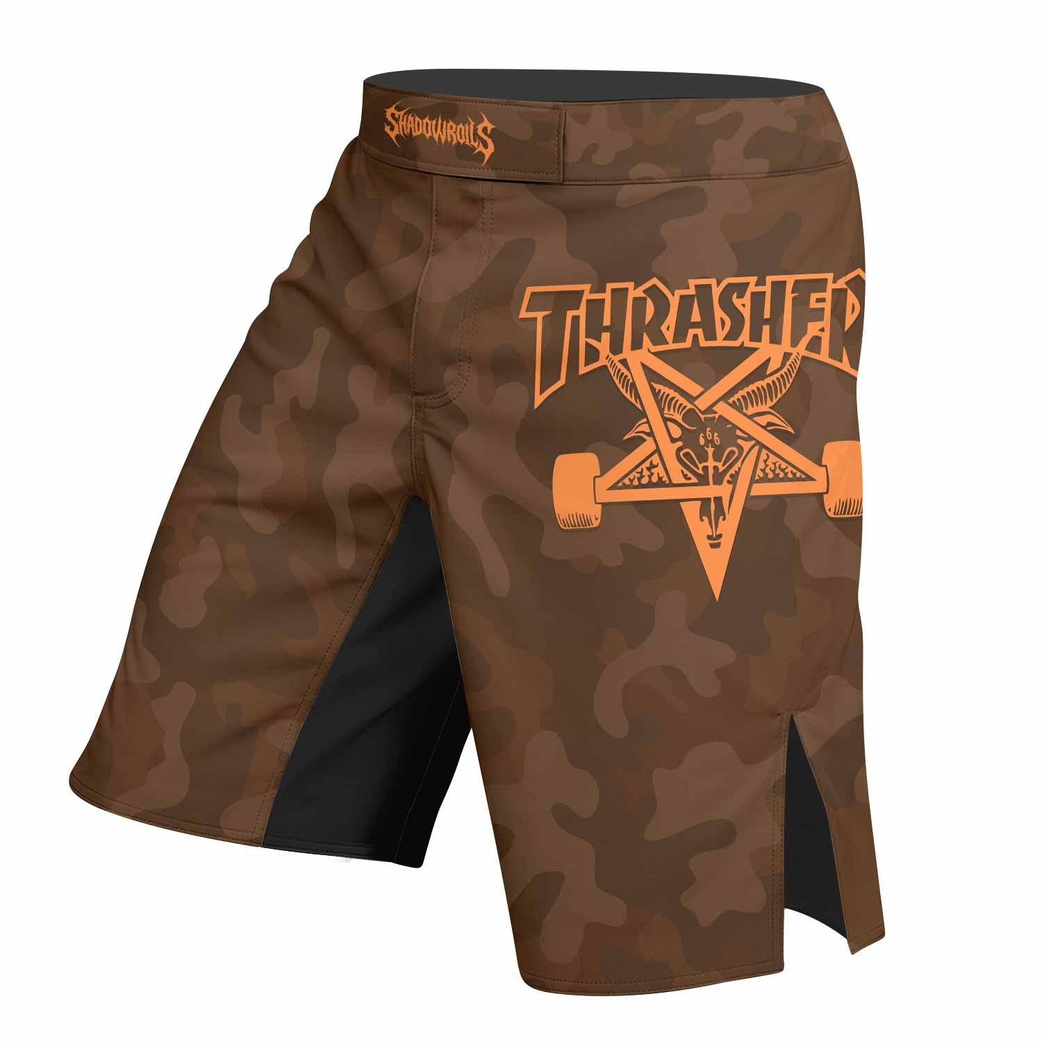 Thrasher Brown Camo Fight Shorts - left side mockup