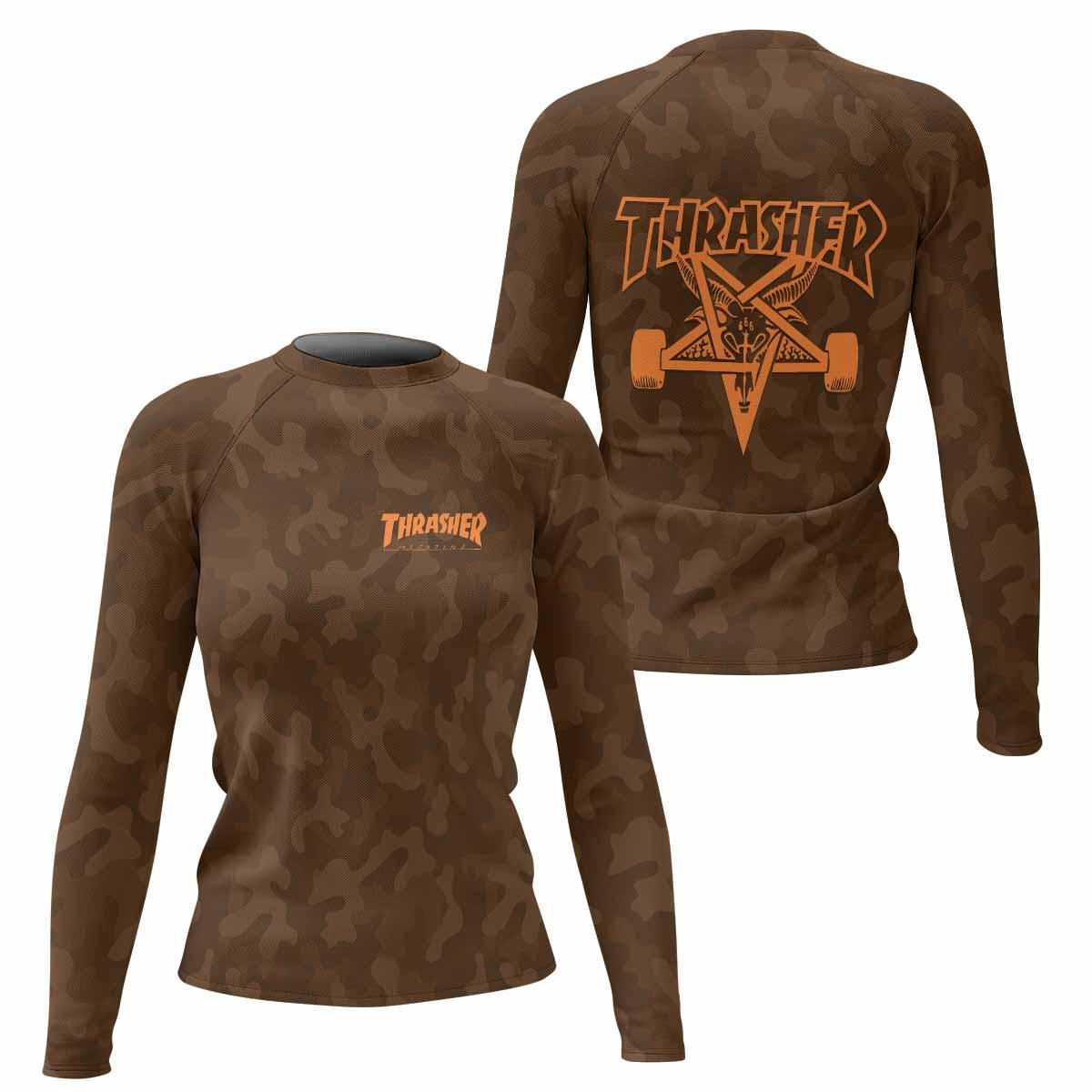 Thrasher Brown Camo Women's Rash Guard Long Sleeve - front and back view