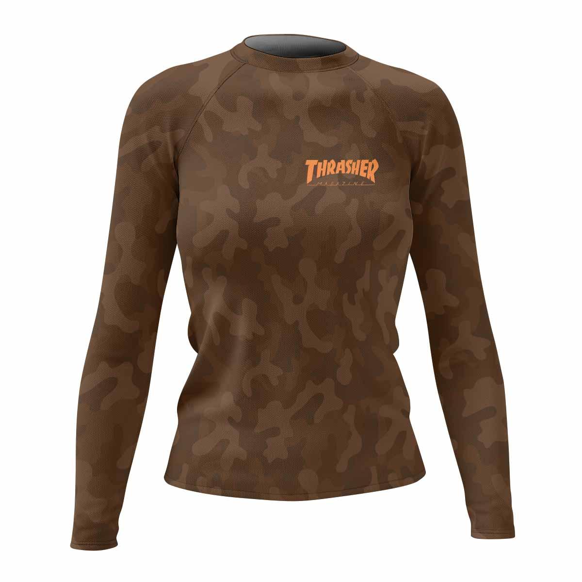 Thrasher Brown Camo Women's Rash Guard Long Sleeve - front view mockup