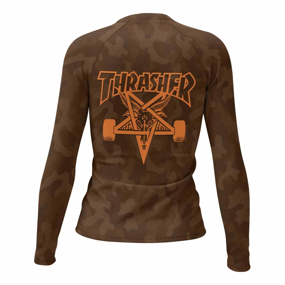 Thrasher Brown Camo Women's Rash Guard Long Sleeve - back view mockup