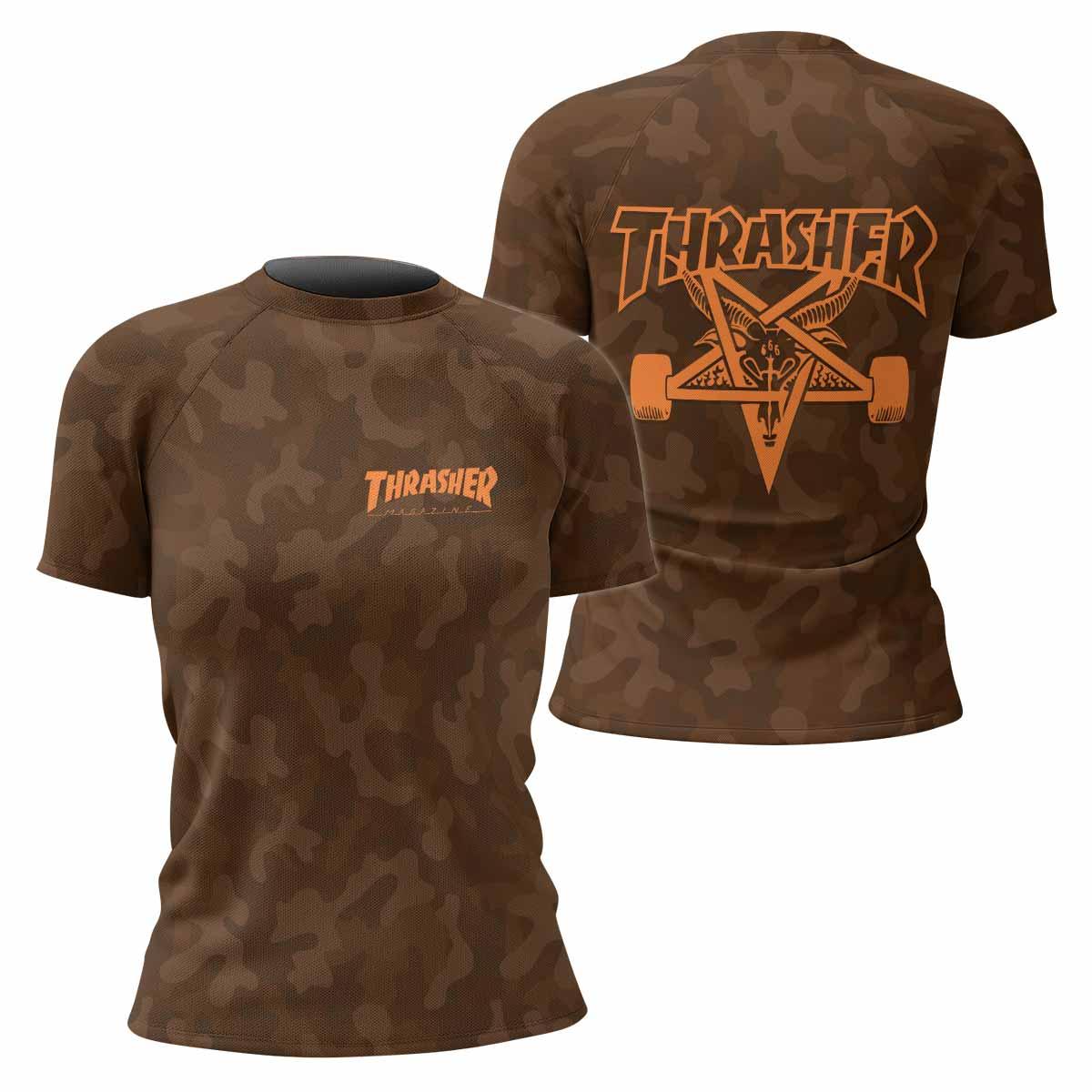 Thrasher Brown Camo Women's Rash Guard Short Sleeve - front and back view