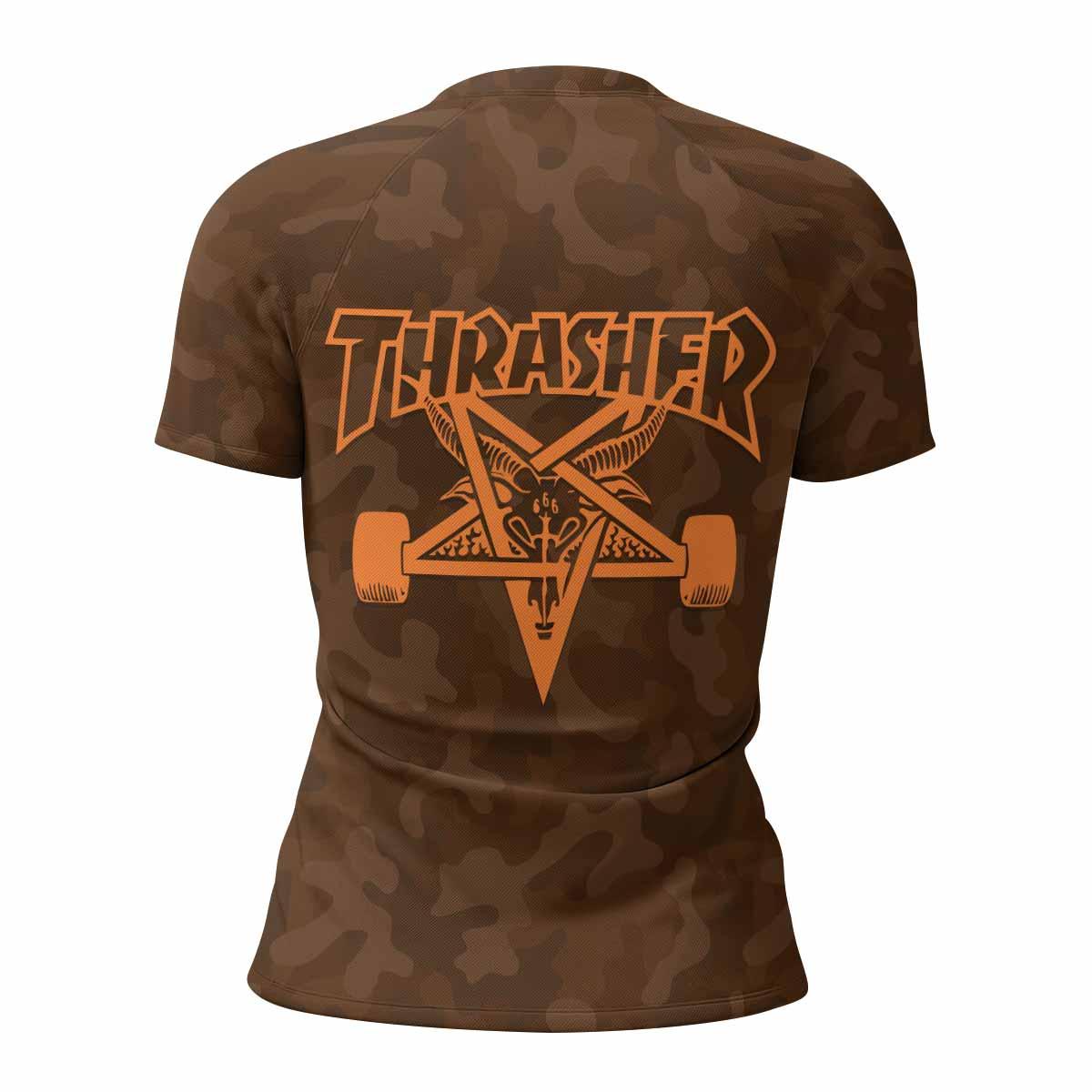 Thrasher Brown Camo Women's Rash Guard Short Sleeve - back view mockup