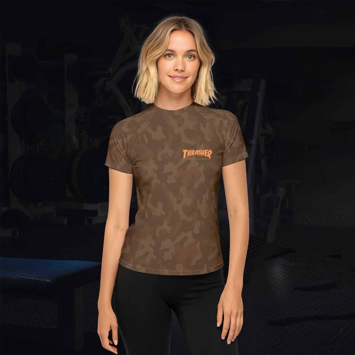 Thrasher Brown Camo Women's Rash Guard Short Sleeve - lifestyle view