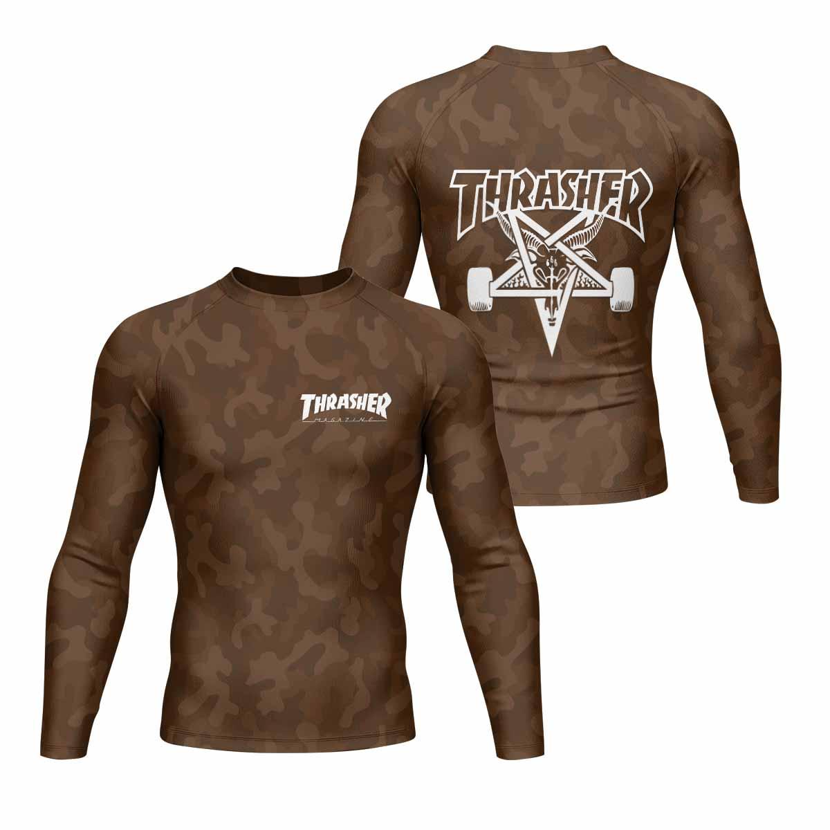 Thrasher Dark Brown Camo Men's Rash Guard Long Sleeve - front and back view