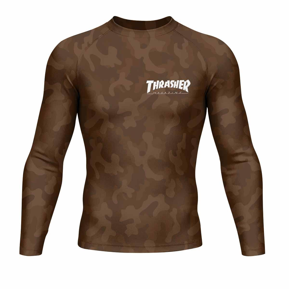 Thrasher Dark Brown Camo Men's Rash Guard Long Sleeve - front view mockup