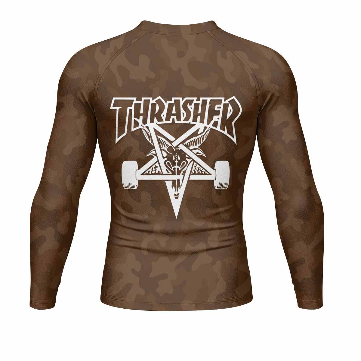 Thrasher Dark Brown Camo Men's Rash Guard Long Sleeve - back view mockup