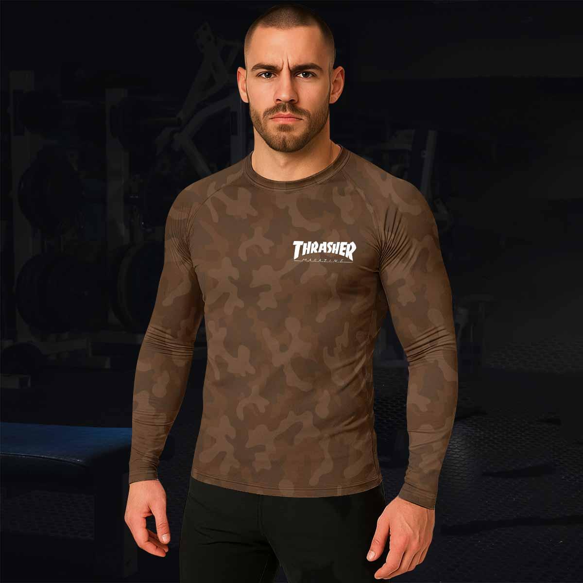 Thrasher Dark Brown Camo Men's Rash Guard Long Sleeve - lifestyle view