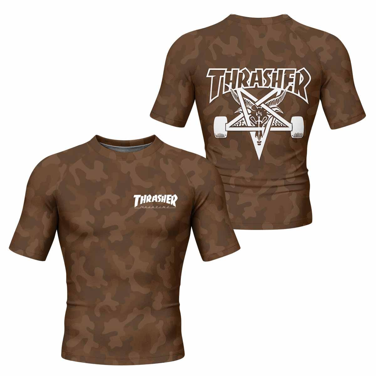Thrasher Dark Brown Camo Men's Rash Guard Short Sleeve - front and back view