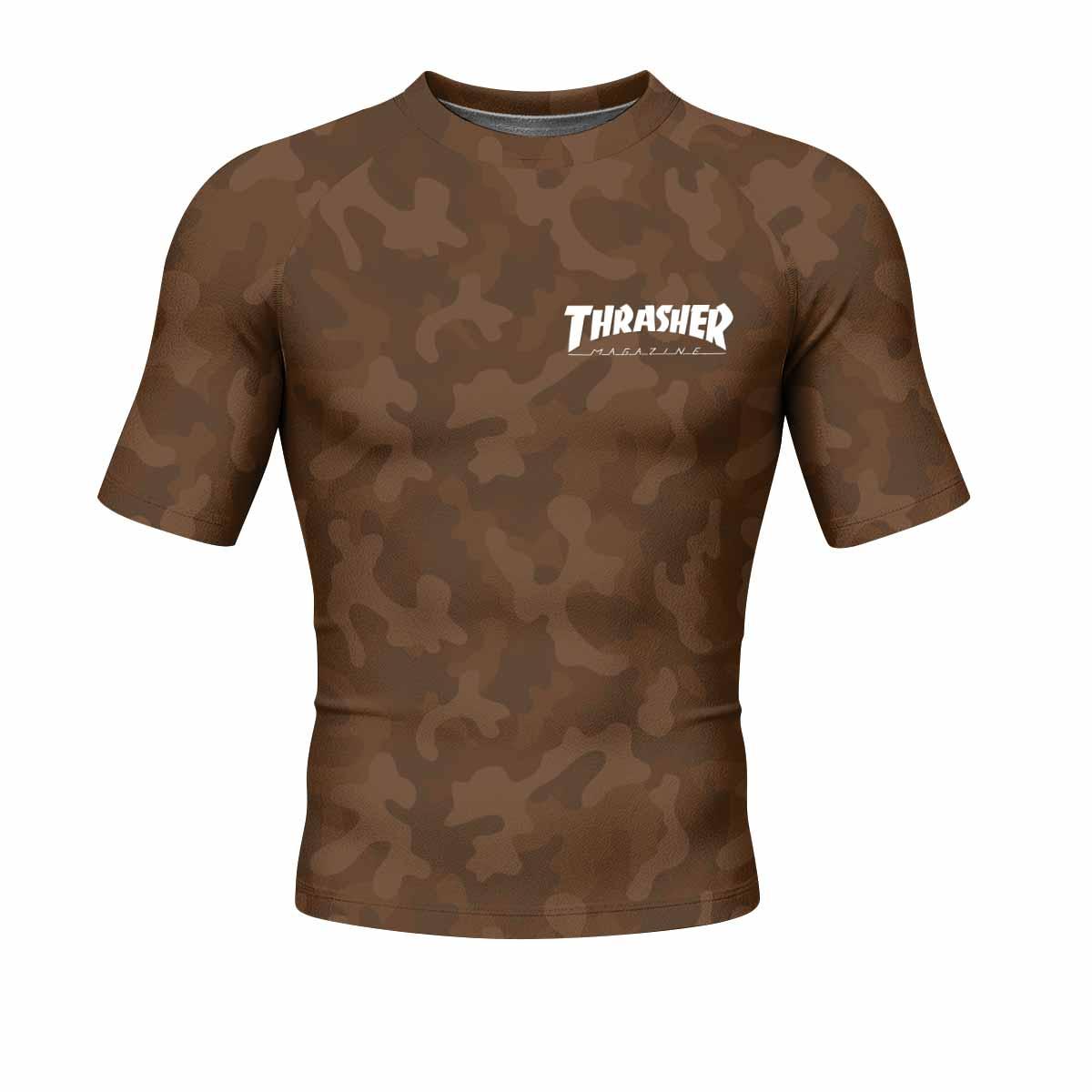 Thrasher Dark Brown Camo Men's Rash Guard Short Sleeve - front view mockup
