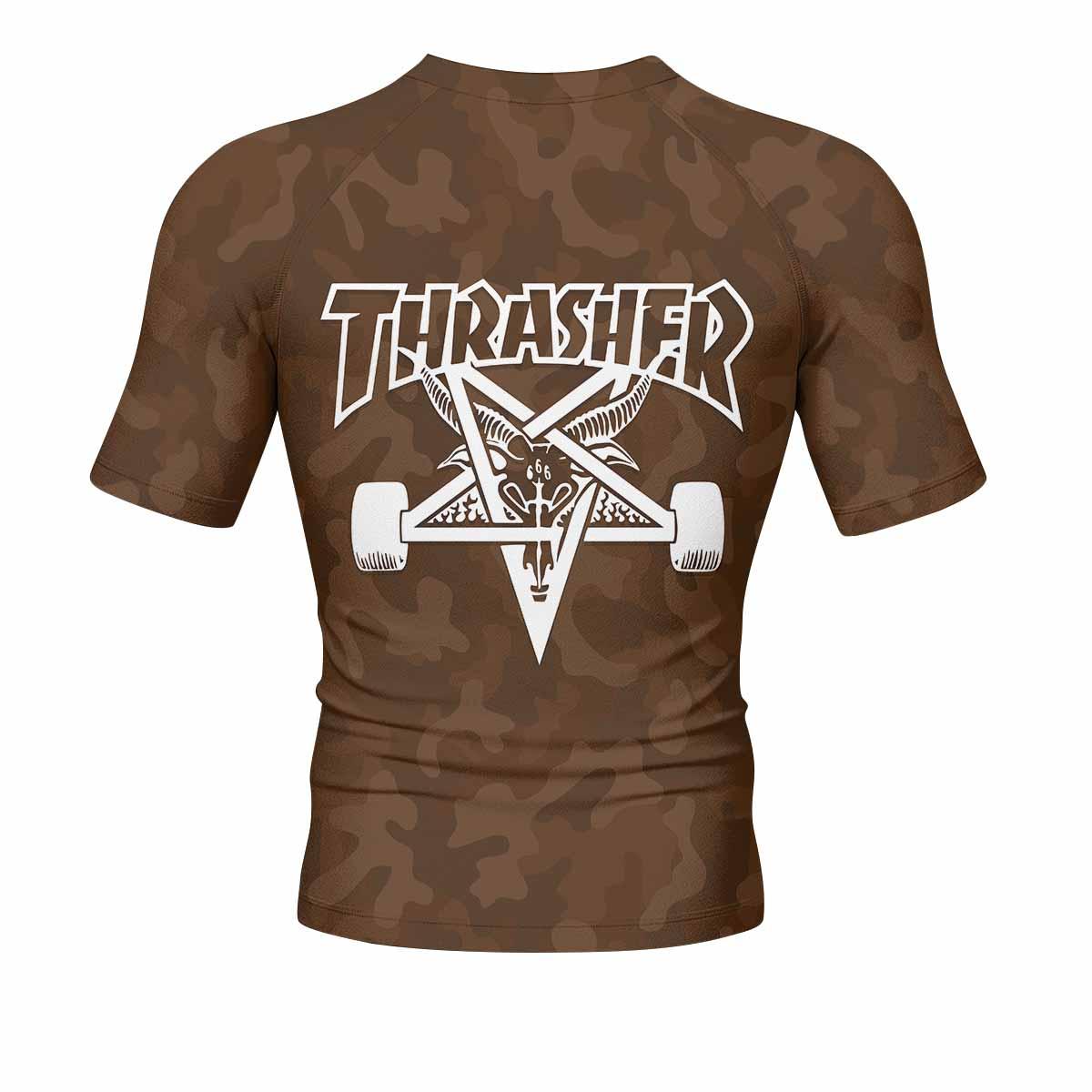 Thrasher Dark Brown Camo Men's Rash Guard Short Sleeve - back view mockup