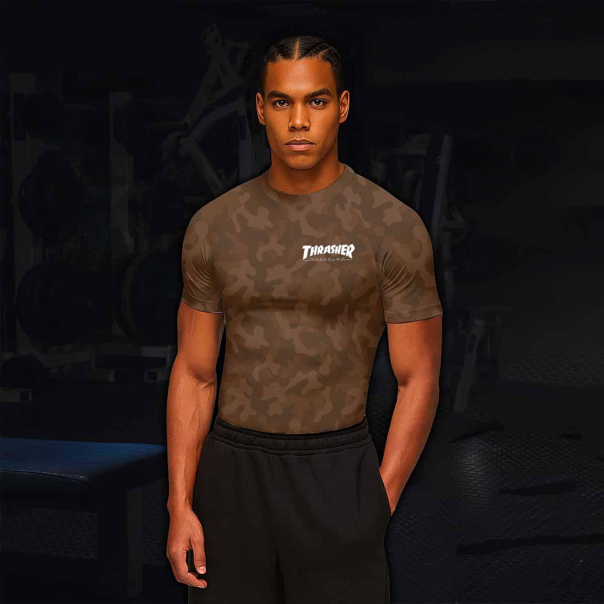 Thrasher Dark Brown Camo Men's Rash Guard Short Sleeve - lifestyle view