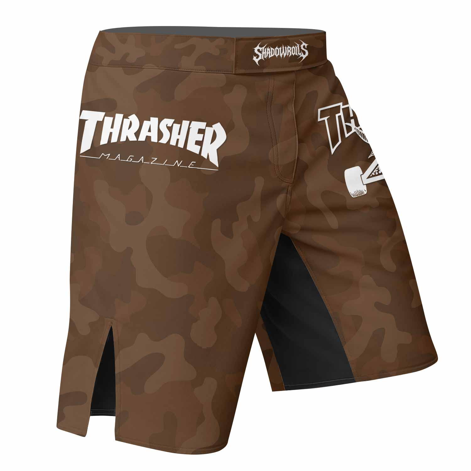 Thrasher Dark Brown Camo Fight Shorts - right side mockup