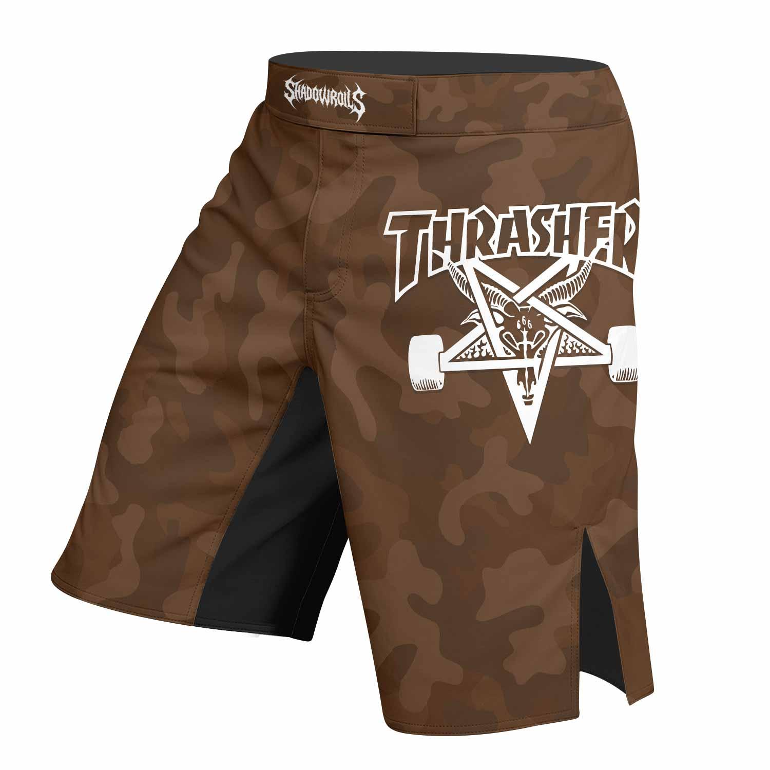 Thrasher Dark Brown Camo Fight Shorts - left side mockup