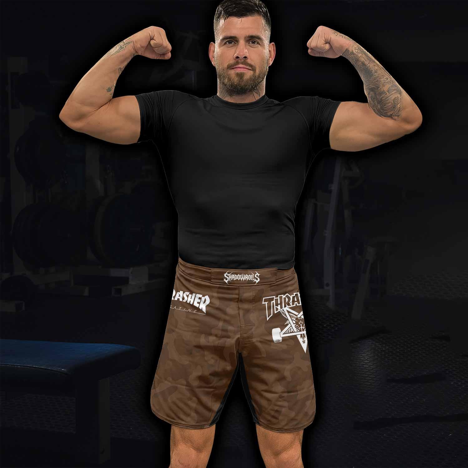 Thrasher Dark Brown Camo Fight Shorts - lifestyle view