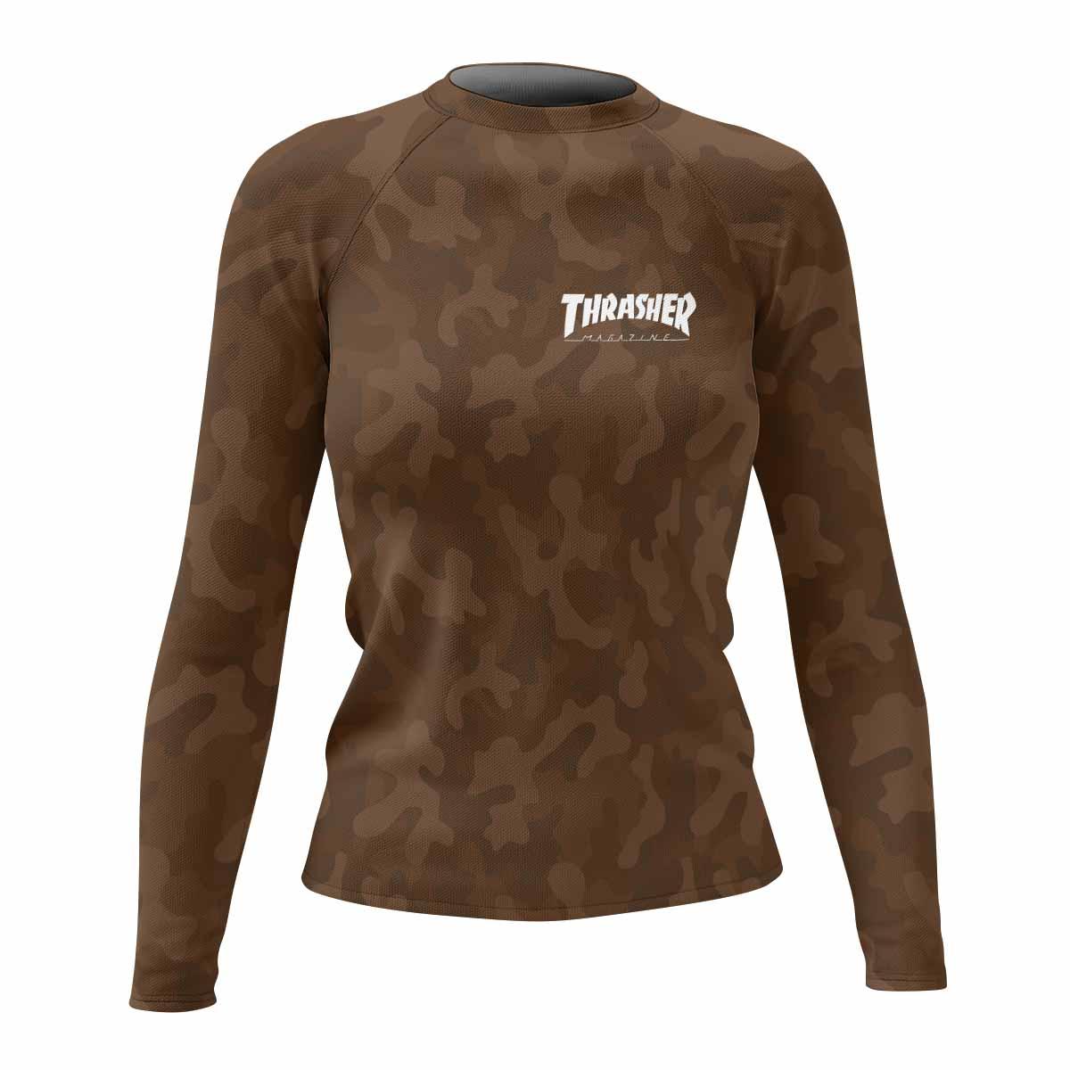 Thrasher Dark Brown Camo Women's Rash Guard Long Sleeve - front view mockup