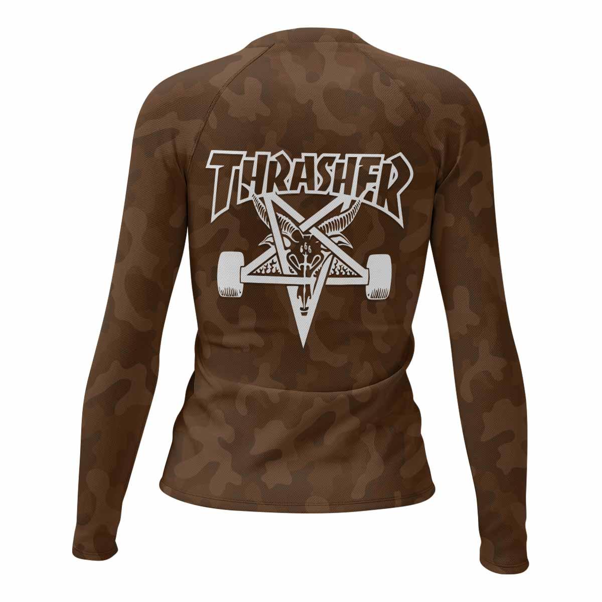 Thrasher Dark Brown Camo Women's Rash Guard Long Sleeve - back view mockup