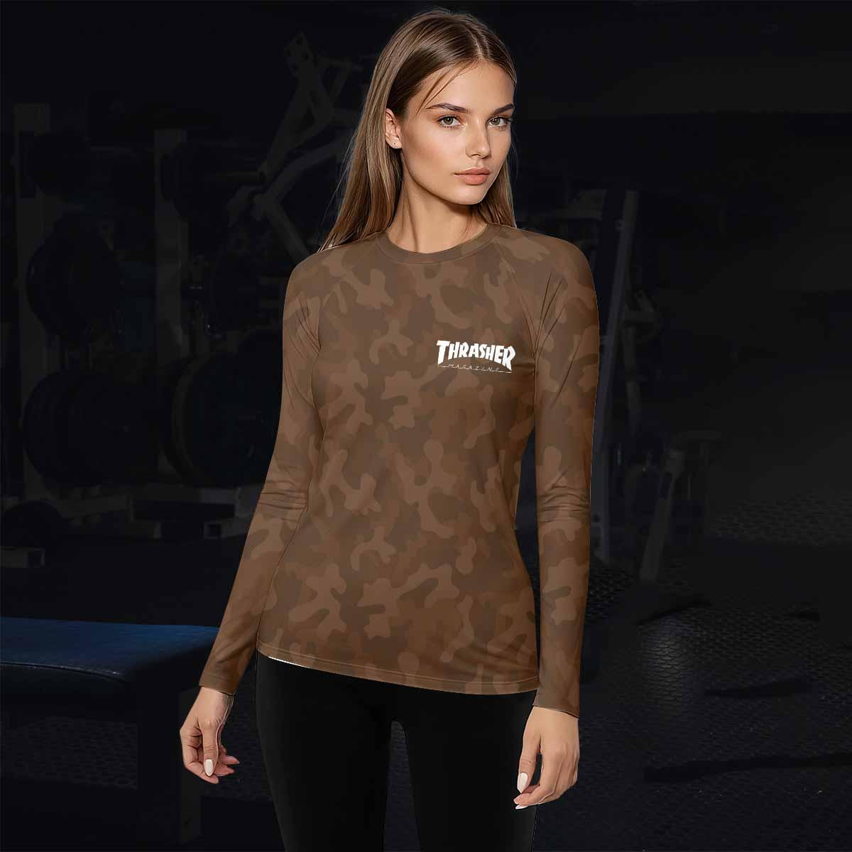 Thrasher Dark Brown Camo Women's Rash Guard Long Sleeve - lifestyle view