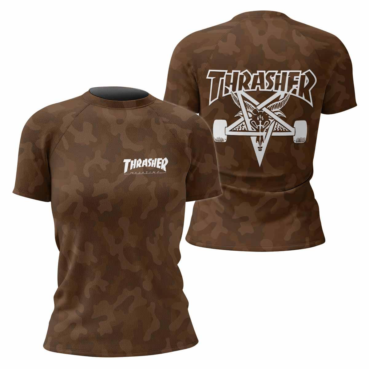 Thrasher Dark Brown Camo Women's Rash Guard Short Sleeve - front and back view