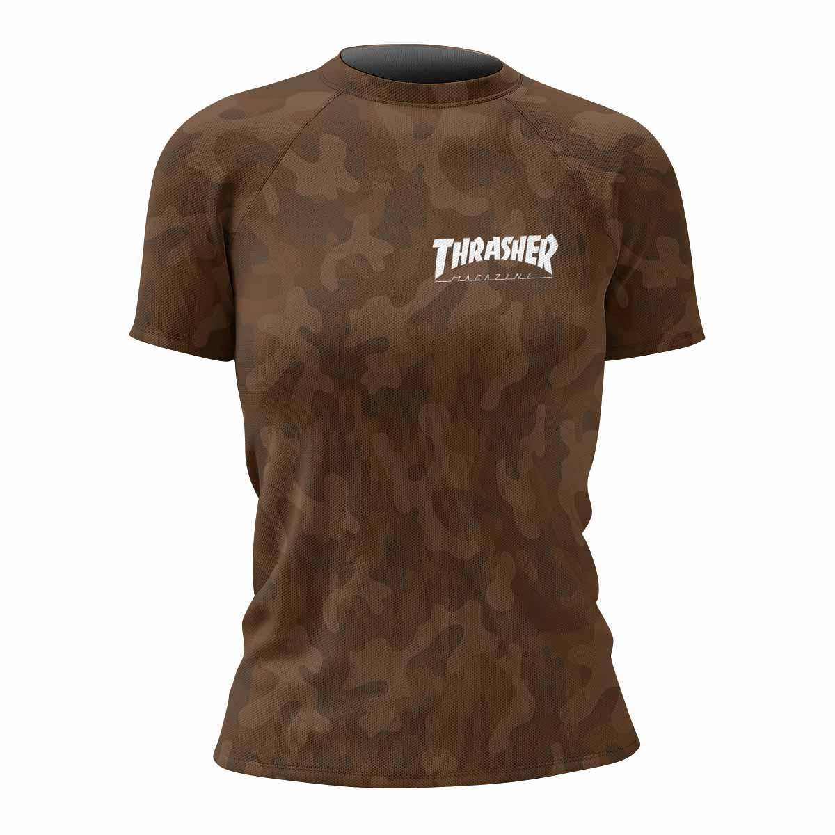 Thrasher Dark Brown Camo Women's Rash Guard Short Sleeve - front view mockup