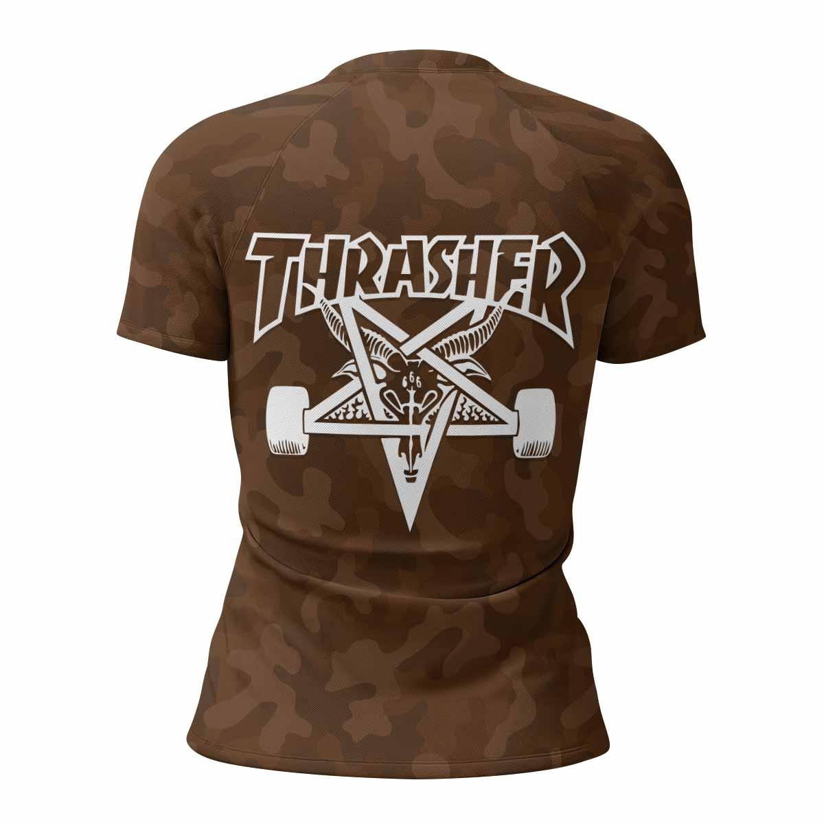 Thrasher Dark Brown Camo Women's Rash Guard Short Sleeve - back view mockup
