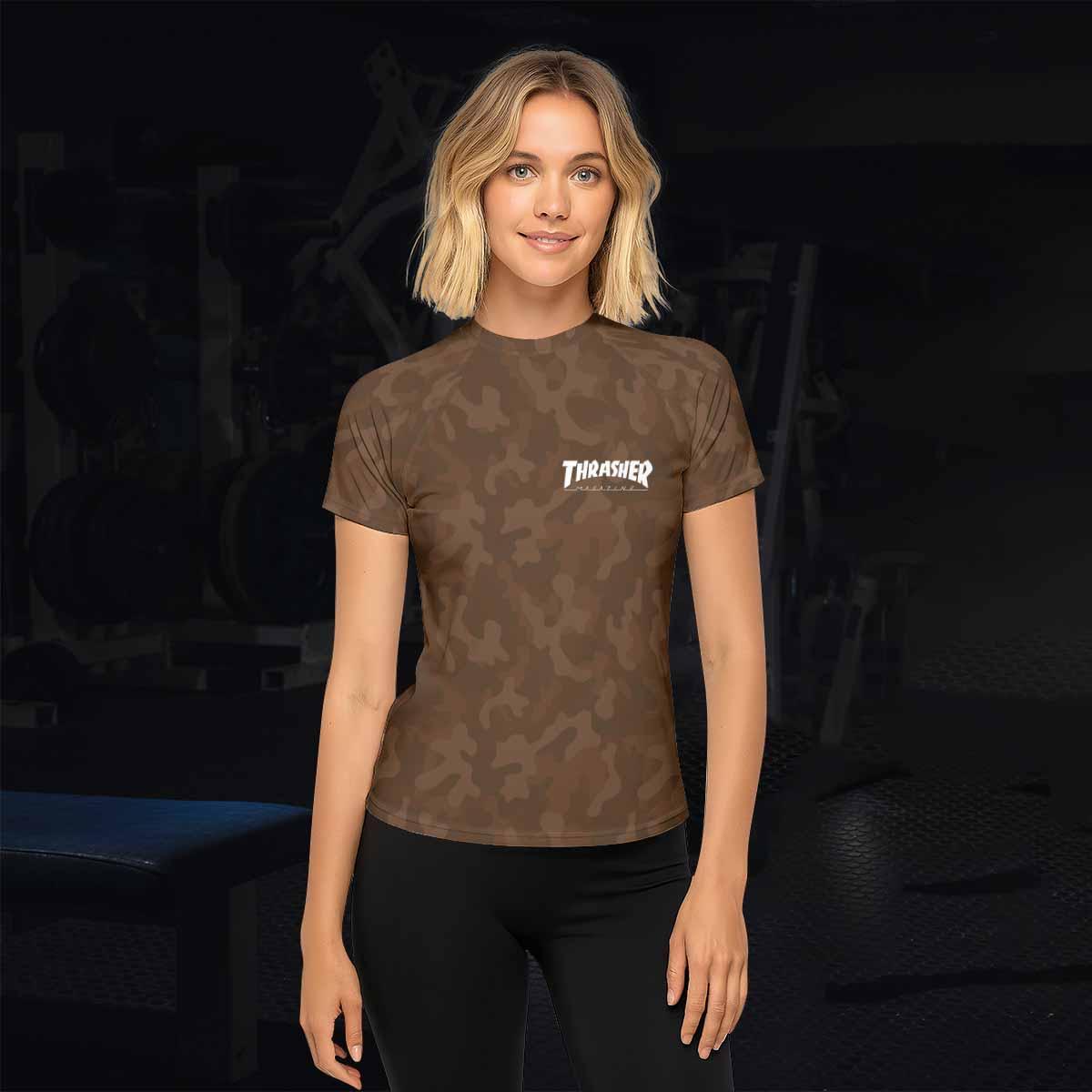 Thrasher Dark Brown Camo Women's Rash Guard Short Sleeve - lifestyle view