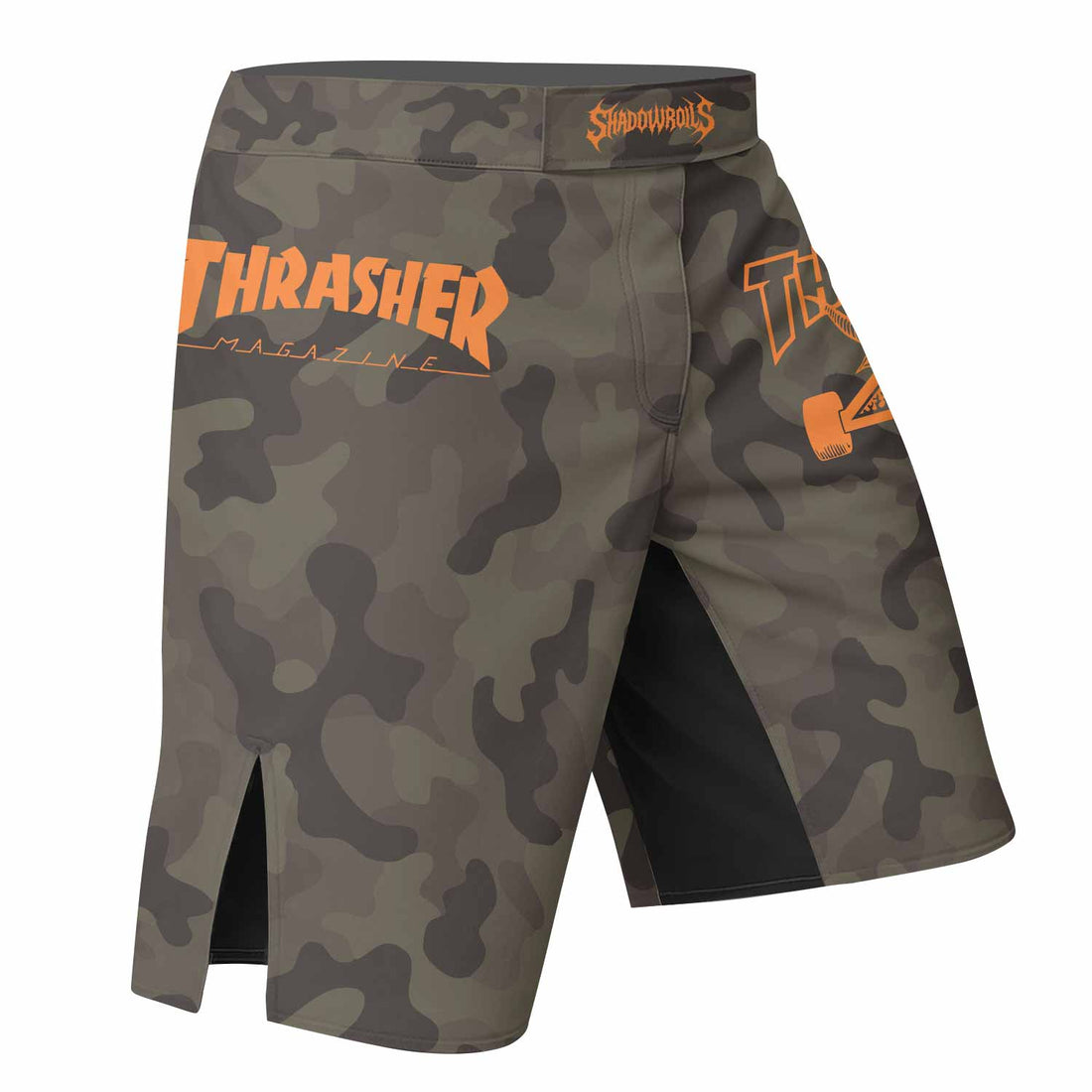 Thrasher Deep Olive Camo Fight Shorts - right side mockup