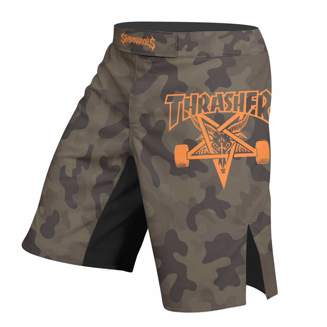 Thrasher Deep Olive Camo Fight Shorts - right side mockup