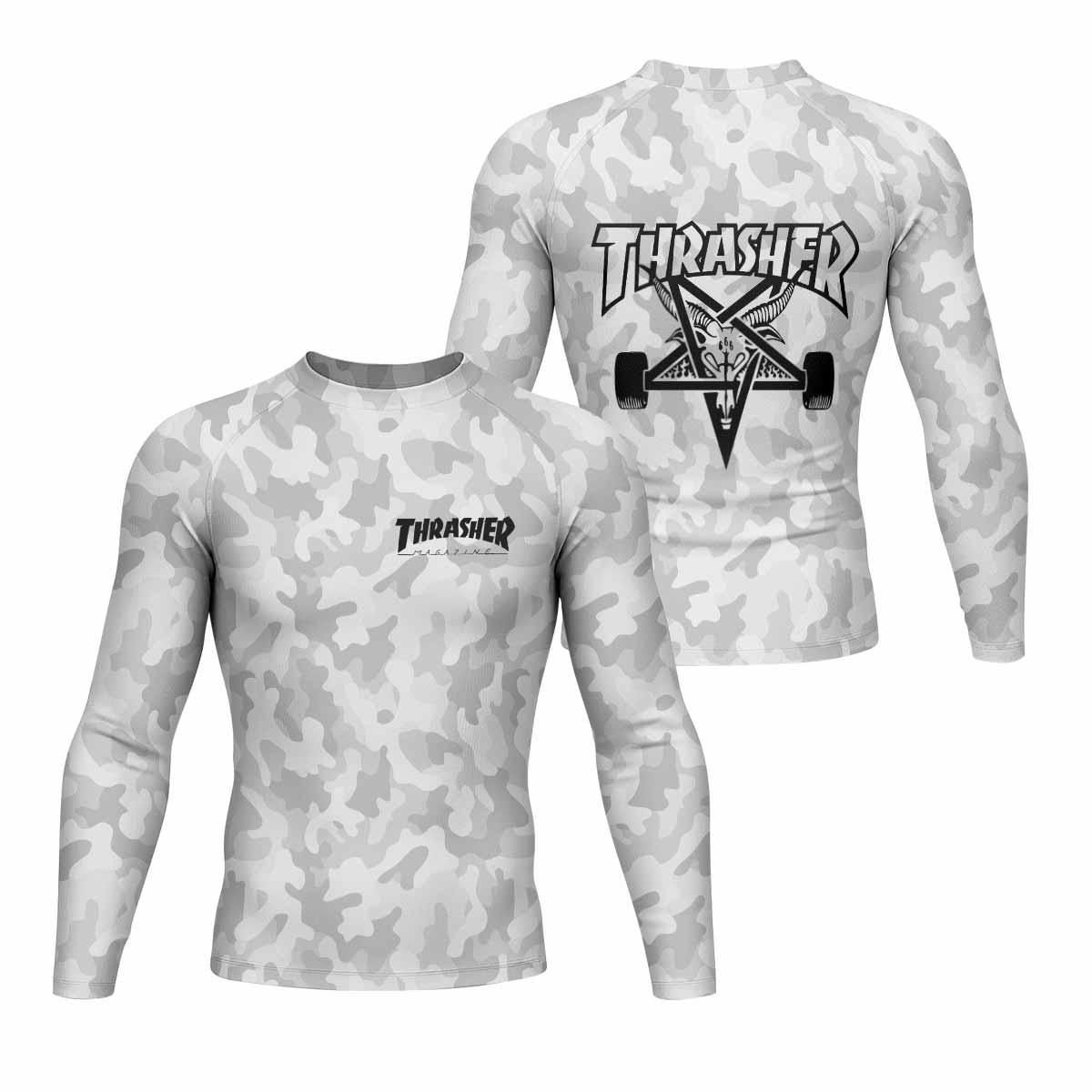 Thrasher Gray Camo Men's Rash Guard Long Sleeve - front and back view