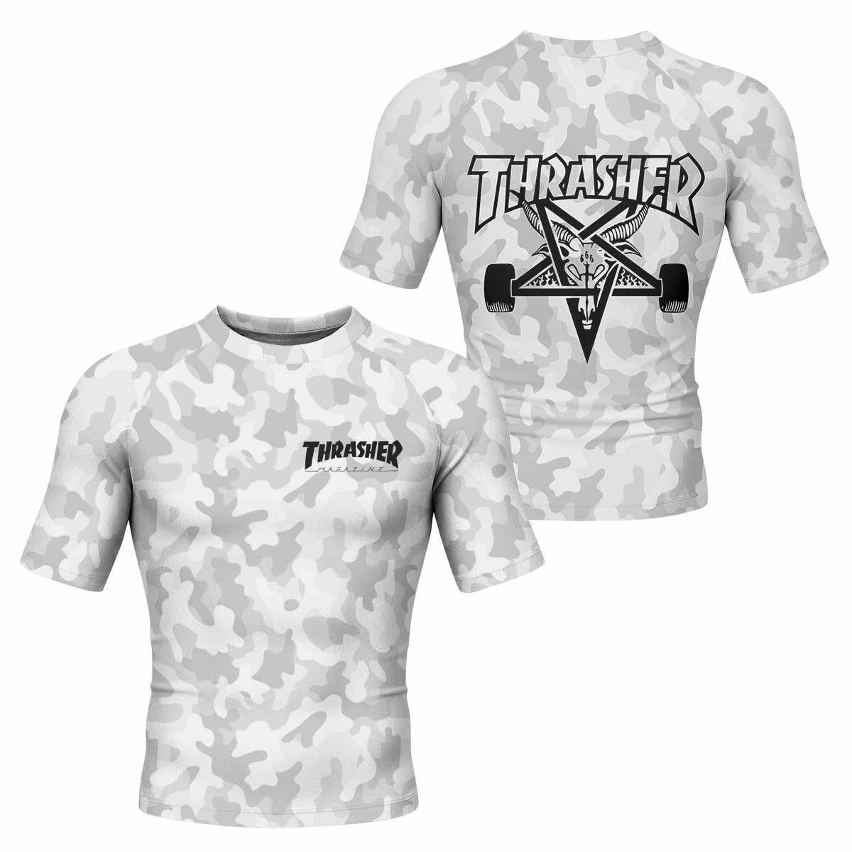 Thrasher Gray Camo Men's Rash Guard Short Sleeve - front and back view