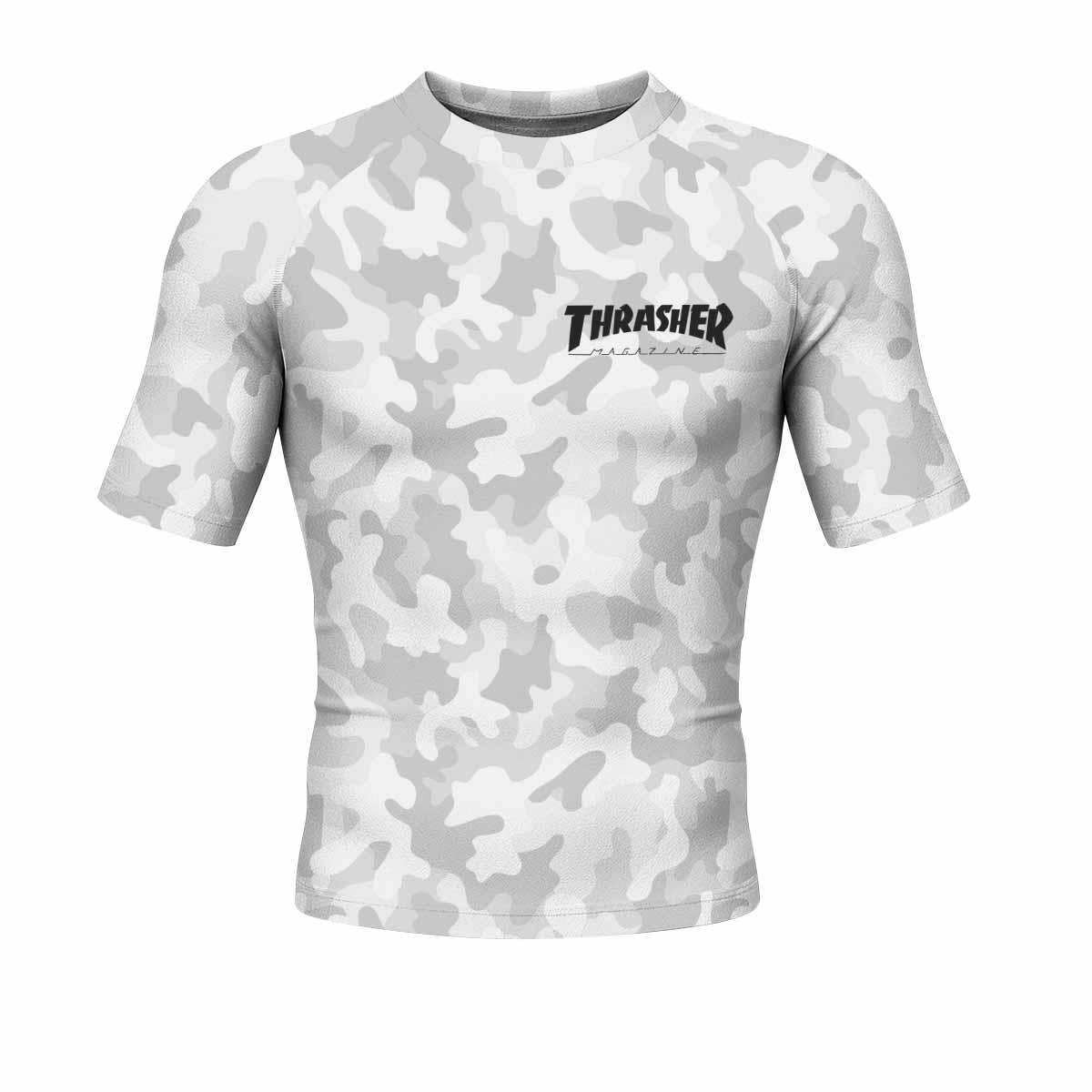 Thrasher Gray Camo Men's Rash Guard Short Sleeve - front view mockup