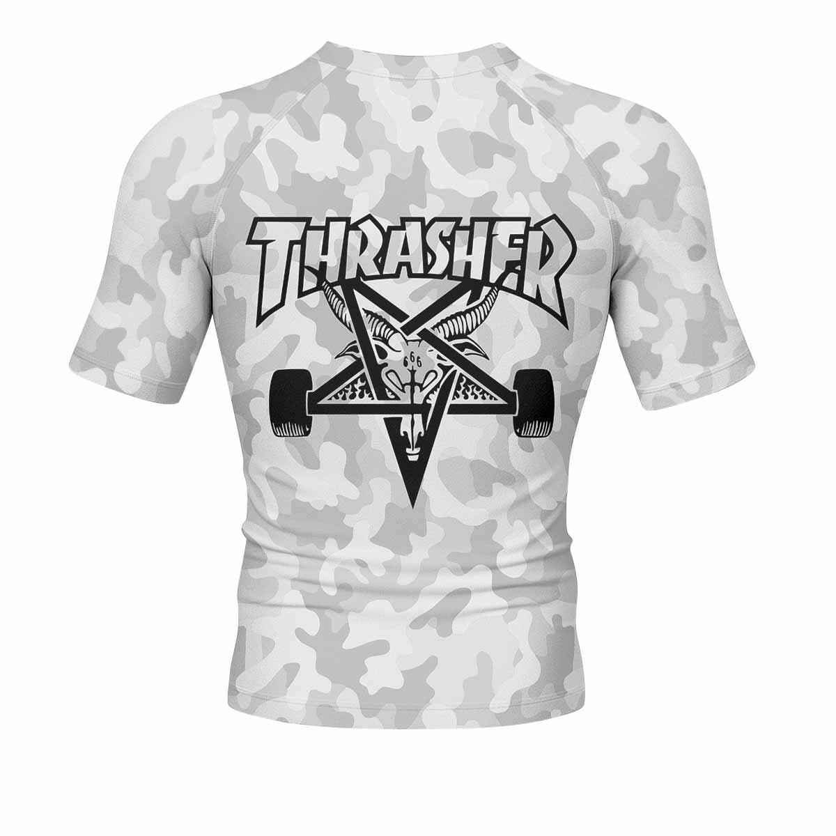 Thrasher Gray Camo Men's Rash Guard Short Sleeve - back view mockup
