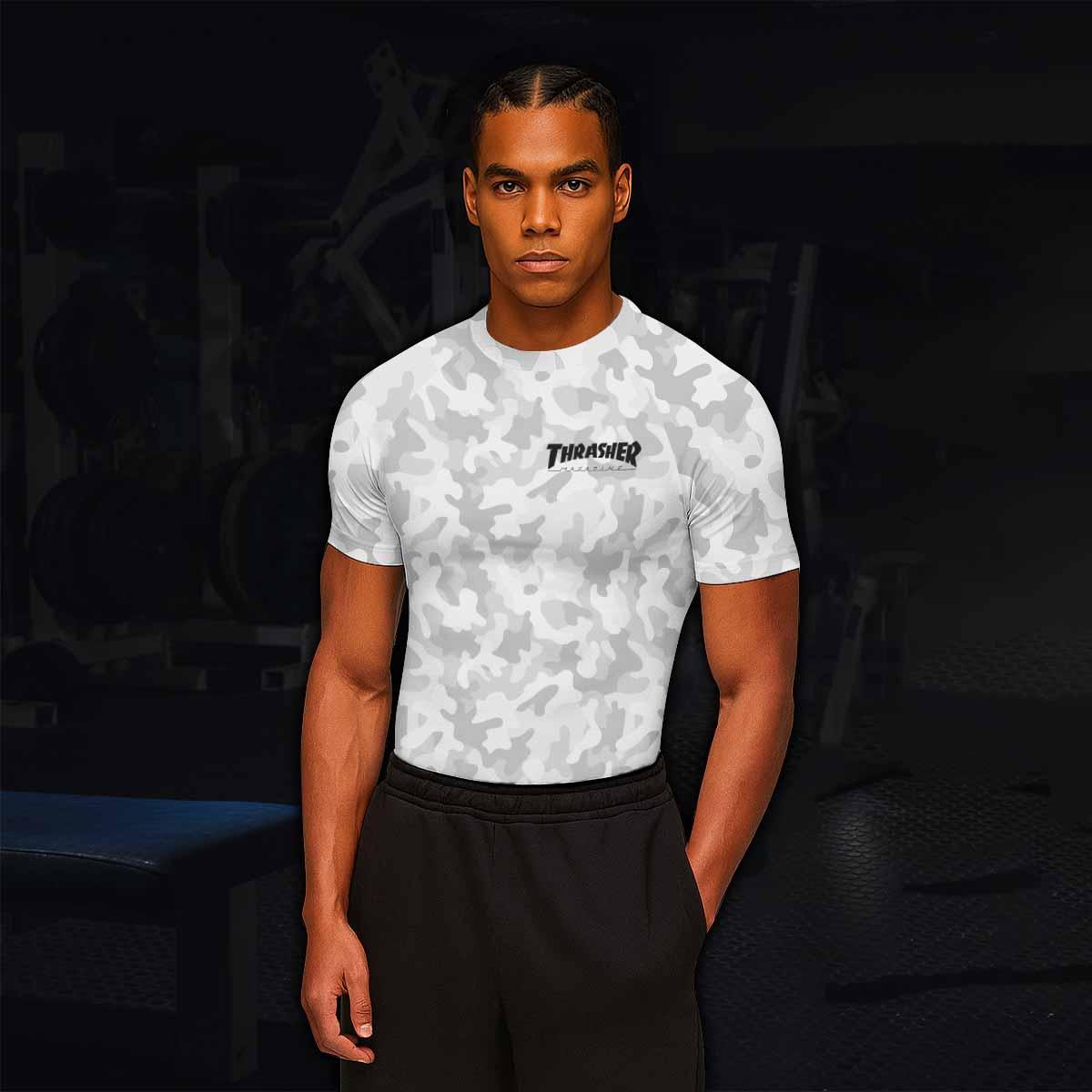 Thrasher Gray Camo Men's Rash Guard Short Sleeve - lifestyle view